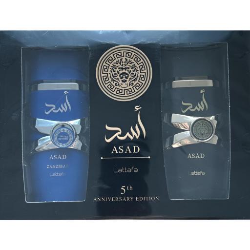Set de regalo del quinto aniversario de Lattafa Asad, 2 piezas: Asad 100 ml + Zanzibar 100 ml EDP