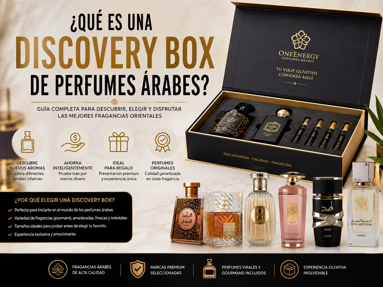 Discovery Box de perfumes árabes premium con miniaturas y perfumes gourmand