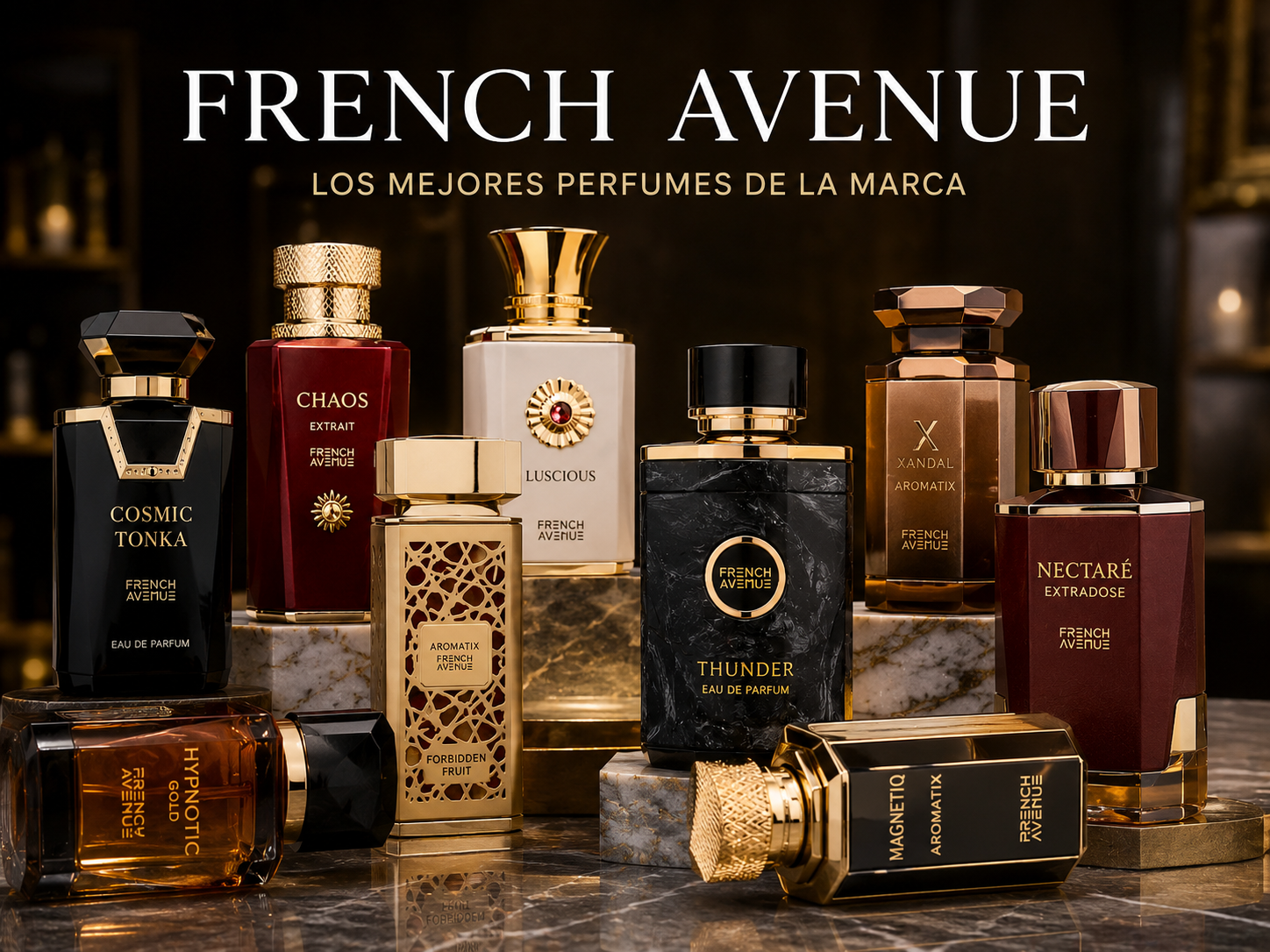 Perfumes de lujo en mármol y oro