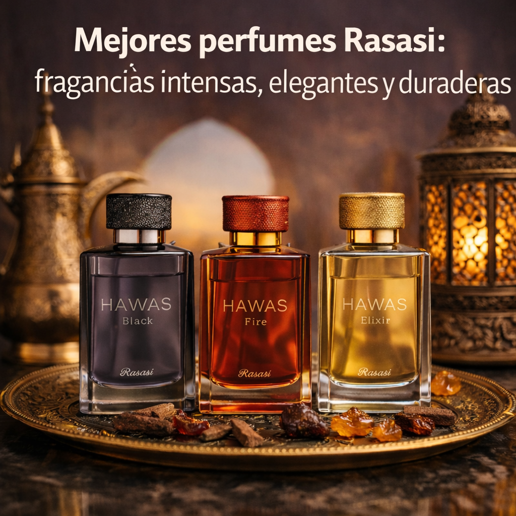Perfumes Rasasi en un elegante conjunto