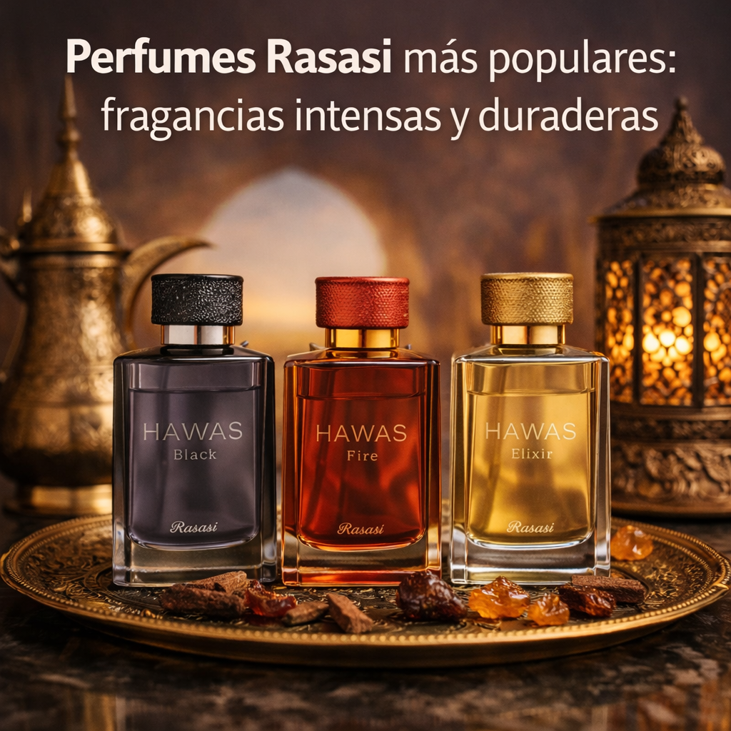 Perfumes Rasasi sobre bandeja dorada