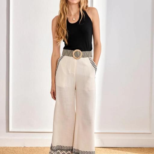 Pantalón lino bordado contraste crudo NKN