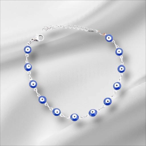 PULSERA DE ACERO INOXIDABLE  CON OJOS TURCOS AZUL PLATEADO. [1]