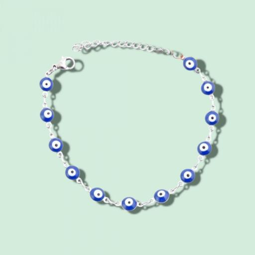 PULSERA DE ACERO INOXIDABLE  CON OJOS TURCOS AZUL PLATEADO.