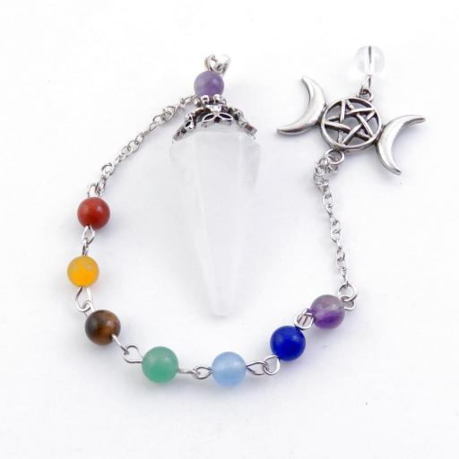 PÉNDULO DE CUARZO BLANCO CON  LOS CHAKRAS CON TRIPLE LUNA
