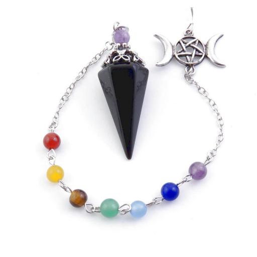 PÉNDULO DE OBSIDIANA NEGRA CON  LOS CHAKRAS CON TRIPLE LUNA.