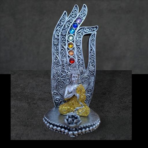 PORTA INCIENSO MANO DE FÁTIMA CON BUDA.( PLATA )