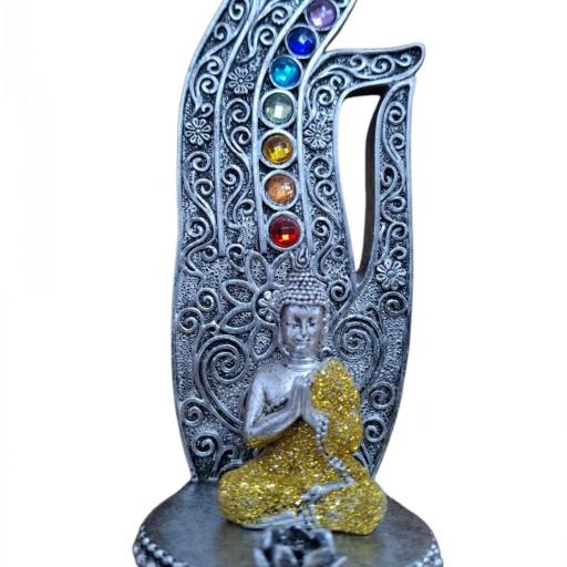 PORTA INCIENSO MANO DE FÁTIMA CON BUDA.( PLATA ) [1]