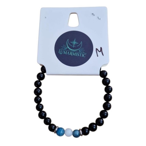 PULSERA DE MINERAL TURMALINA NEGRA APATITA Y PIEDRA LUNA