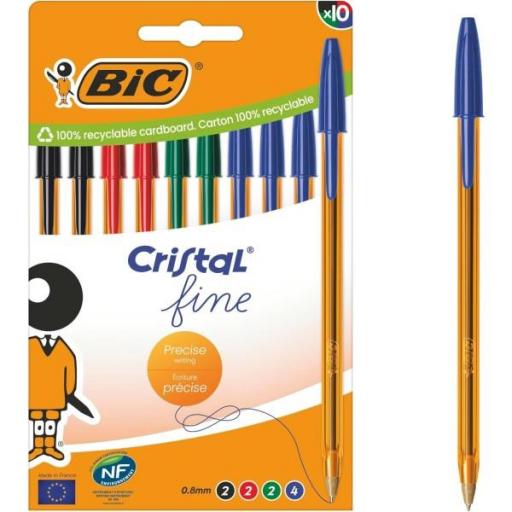 BOLIGRAFO BIC CRISTAL FINE - PAQUETE 10 UNIDADES SURTIDO 