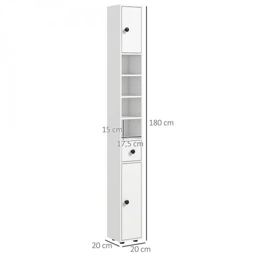 Mueble Auxiliar Baño Moderno con 1 Cajón 5 Estantes y 2 Armarios para Salón Dormitorio Carga 30 kg 20x20x180 cm Blanco [1]
