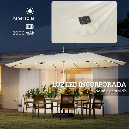 Sombrilla Doble de Jardín 4,6x2,6 m con 48 Luces LED Base Incluida Manivela Sacos de Arena Anti-UV Crema [3]