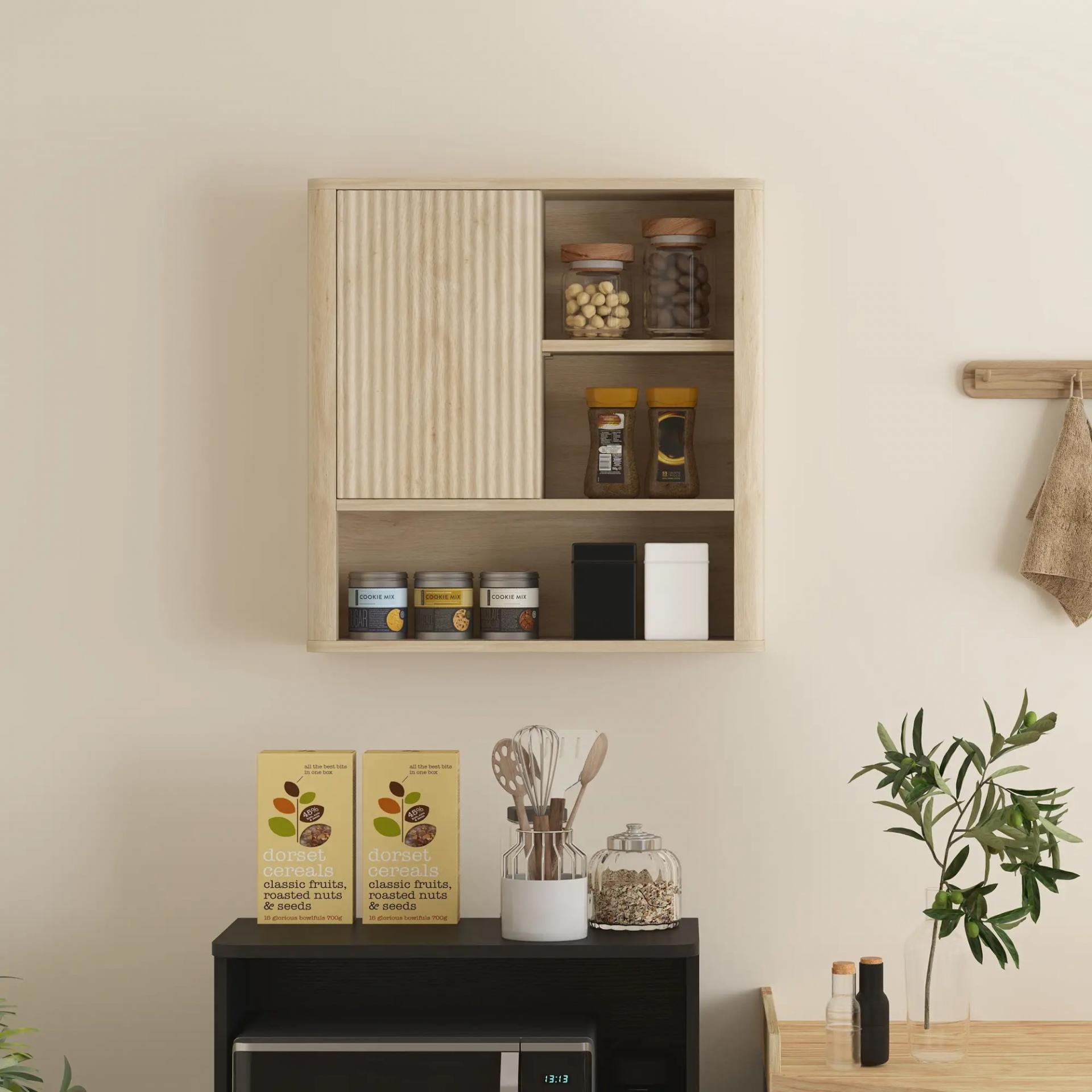 Armario de Baño de Pared con Puerta Corredera 5 Compartimentos y Estantes Ajustables 60x20x62 cm Blanco