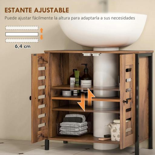 Mueble Bajo Lavabo Industrial 2 Puertas de Lamas con Cierre Magnético Estante Ajustable 60x30x60 cm Marrón Rústico [5]