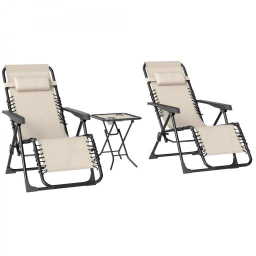 Set de 2 Tumbonas Jardín Exterior Plegables de Gravedad Cero con Mesa Auxiliar con Portavasos Reposacabezas Beige [8]
