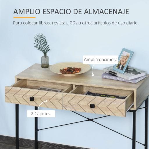 Mesa de Consola 90x35x76 cm Mesa de Entrada con 2 Cajones de Almacenamiento Decorativos y Estructura de Metal para Recibidor Pasillo Salón Color Natural [3]