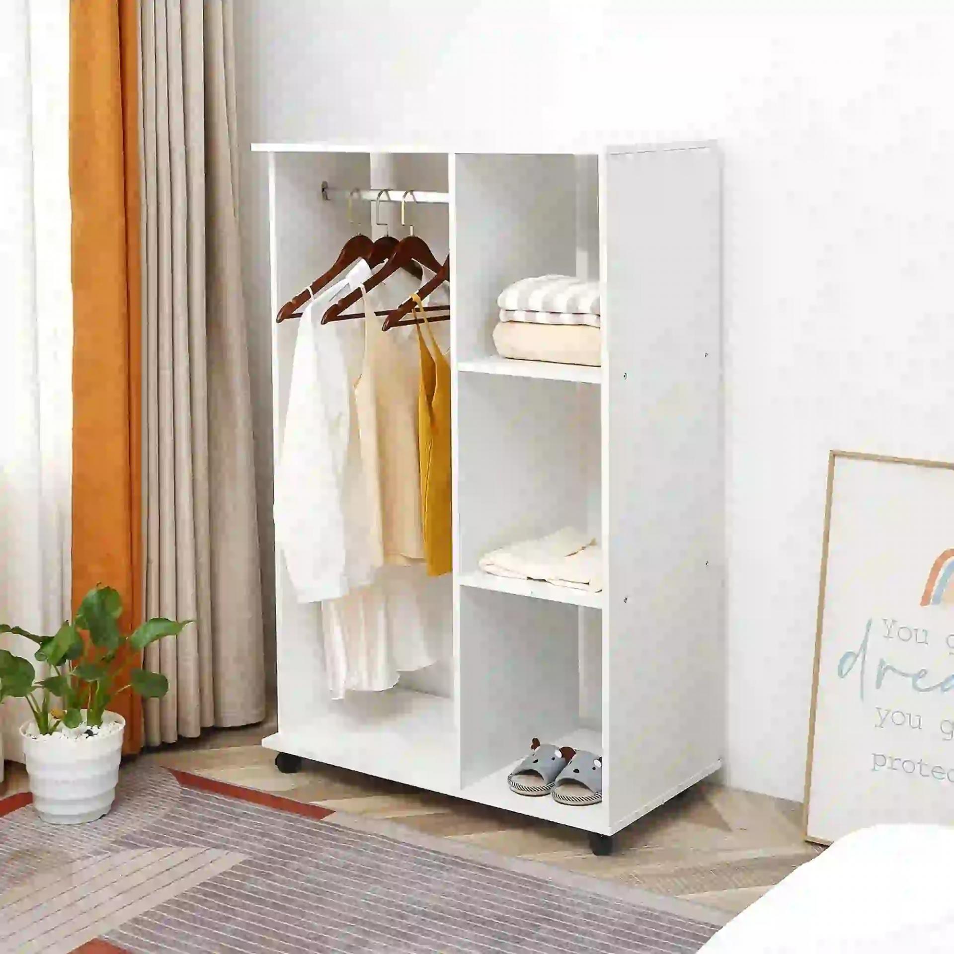 Armario Abierto con Ruedas Barra y Estantes para tener Ropa Colgada y Doblada 80x40x128 cm Blanco