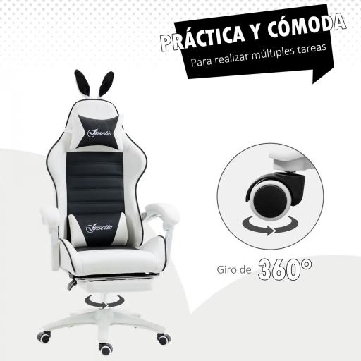 Silla Gaming Profesional de Cuero PU con Altura Ajustable Inclinable 135° Reposacabezas 65x63x136-142 cm Negro y Blanco [5]