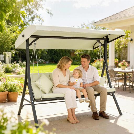 Balancín de Jardín Exterior Columpio de 3 Plazas con Toldo Ajustable y Marco de Acero 202x115x168 cm Beige
