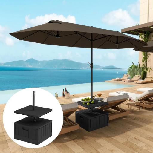 Base para Sombrilla Exterior 3 en 1 Mesa Auxiliar Ajustable Macetero Soporte de Parasol Rellenable Arena 80 kg Negro