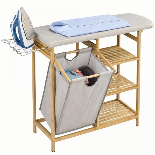 Cesto de Ropa Sucia 57,4L con Tabla de Planchar Soporte para Plancha 3 Estantes y Bolsa Extraíble 113x34x82 cm Natural [10]