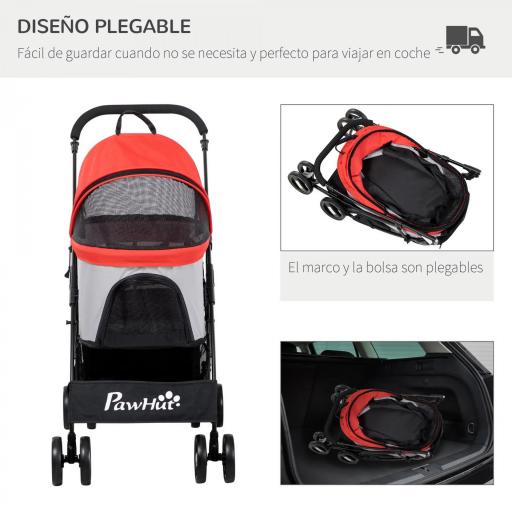 Carrito para Perros Pequeños 3 en 1 con Vagón Desmontable Cesta de Almacenaje Correas de Seguridad y Cojín Rojo [5]