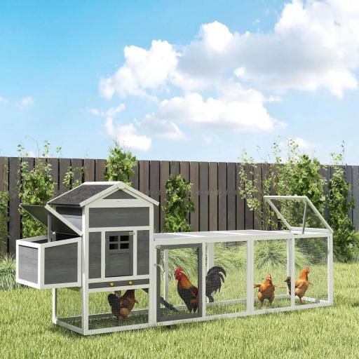 Gallinero de Madera Grande para 3-6 Gallinas con Techo Asfáltico Nido y Bandeja Extraíble 297,5x68x118 cm Blanco y Gris [6]