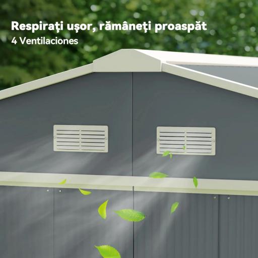 Cobertizo de Jardín 12,4 m² 340x386x200 cm con 2 Puertas Corredizas Base Refuerzo (Suelo NO Incluido) Gris Oscuro [7]
