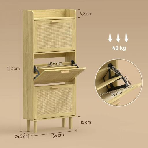 Mueble Zapatero con 3 Cajones Abatibles y Estante Abierto para12-18 Pares de Zapatos 65x24,5x153 cm Roble [1]