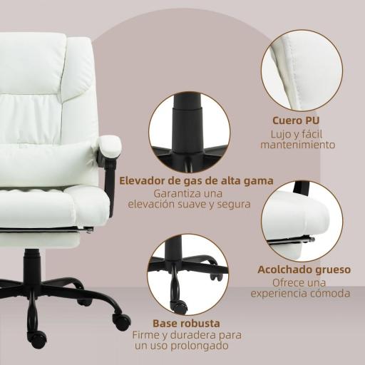 Silla de Oficina con Masaje de 6 Puntos Respaldo Alto Reclinable Altura Ajustable Reposapiés y Mando a Distancia Blanco [2]