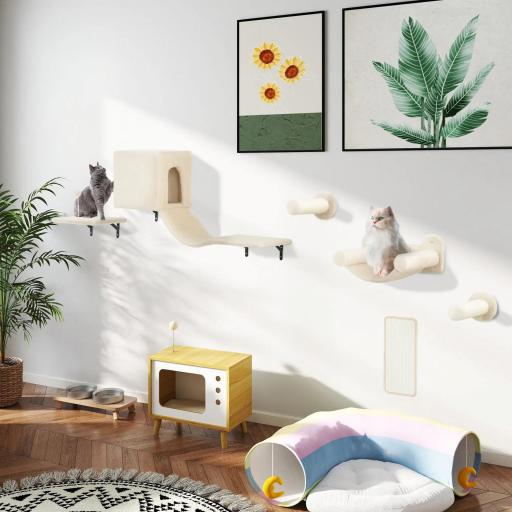 Juego de Escalada para Gatos de Pared de 6 Piezas con Condominio Plataforma Hamaca Escaleras y Tabla de Rascar Beige