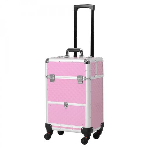 Maletín de Maquillaje Profesional con Cajón Maleta de Maquillaje con Ruedas para Viaje Trabajo 34x25x62 cm Rosa [3]