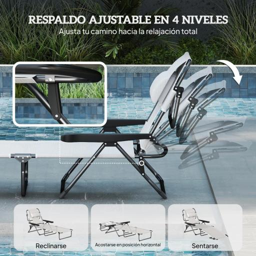 Tumbona de Jardín Plegable con Respaldo Ajustable en 4 Niveles Orificio de Lectura y Reposacabezas 145x72x89 cm Crema [4]