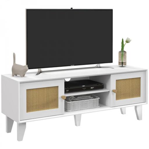 Mueble de TV de Salón Mesa para Televisores de hasta 55" con 2 Puertas de Ratán Estante Ajustable 120x35x46 cm Blanco [9]