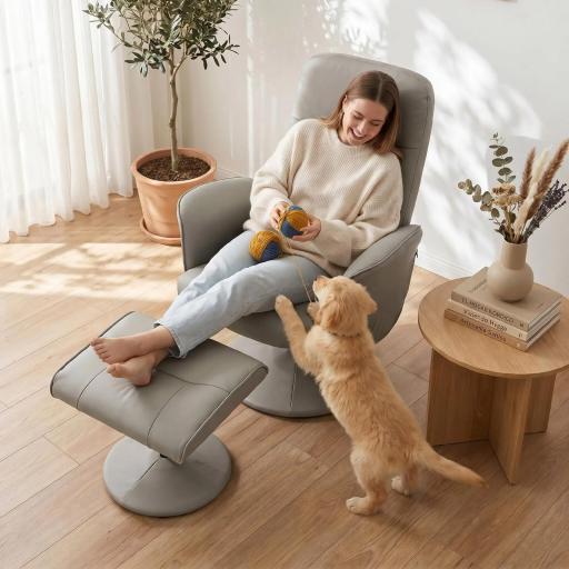 Sillón Relax Reclinable con Reposapiés Respaldo Alto Giratorio 360° Reposabrazos Beige Gris [2]