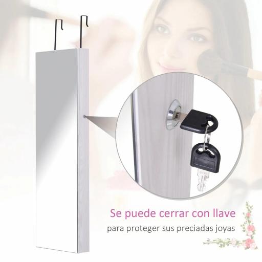Espejo Joyero Colgante de Pared o Puerta con LED 5 Estantes 2 Cajones Pequeños Espejo Armario Montado con Cerradura 37x120x10cm [5]