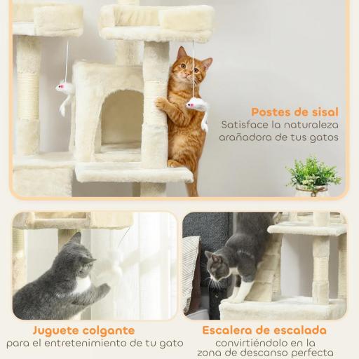 Árbol Rascador para Gatos Árbol para Gatos 153 cm con 2 Cuevas 3 Camas 2 Rampas Postes de Sisal Ratones Colgantes Crema [4]