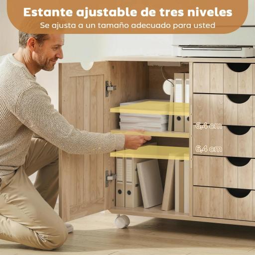 Mueble para Impresora con Estación de Carga y Ruedas 5 Cajones Puertos USB Estante Ajustable Natural [3]