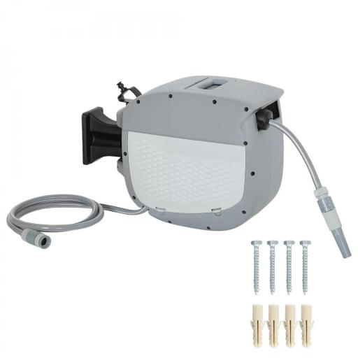 Carrete de Manguera Retráctil 20+1,9 m con Boquilla de 2 Modos Bloqueo Automático y Retracción Controlada Soporte Gris [9]