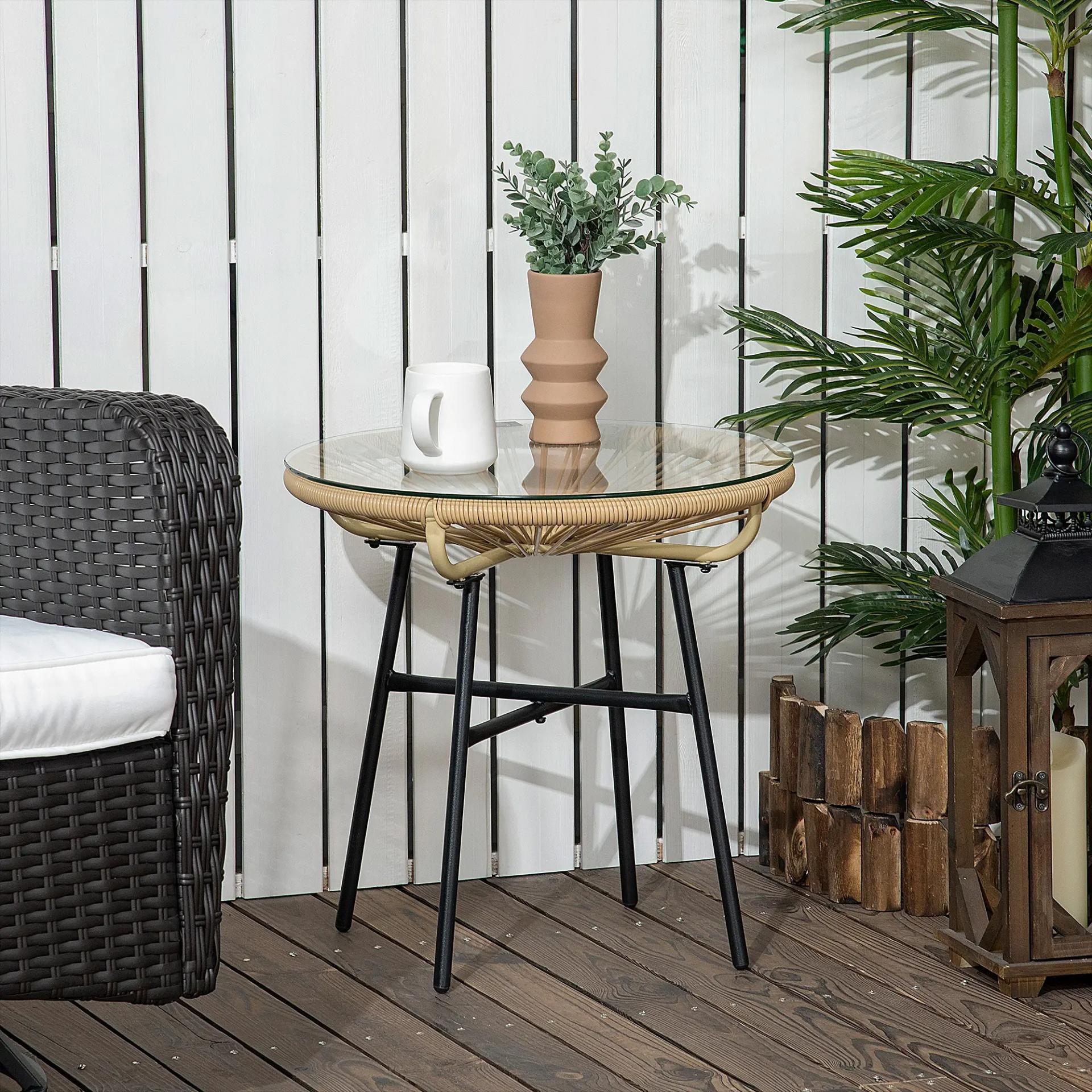 Mesa Auxiliar de Ratán Sintético Redonda para Exteriores con Encimera de Vidrio Templado Ø50x50 cm Beige