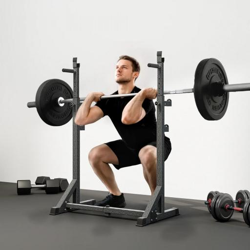Soporte para Barras de Pesas con Ancho y Altura Ajustable Rack Musculación con Marco de Acero Carga 150 kg Negro