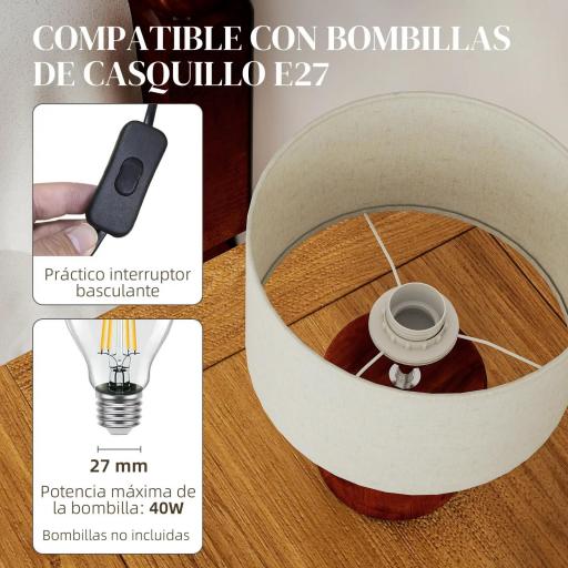 Lámpara de Mesa Rústica Lámpara de Mesita de Noche con Base de Madera Pantalla de Lino Interruptor Basculante Marrón [4]