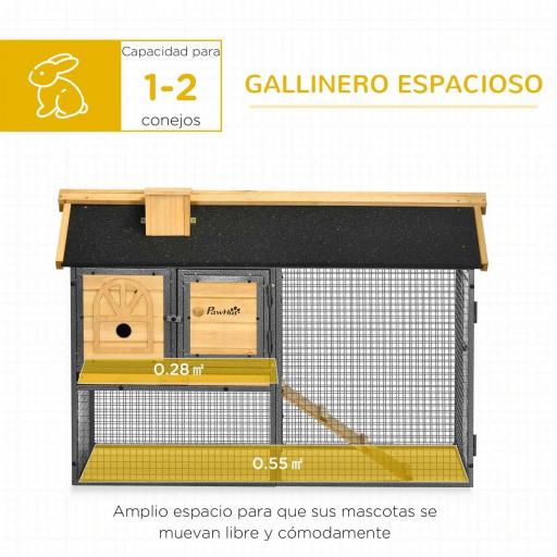 Conejera de Madera de 2 Niveles con Zona Abierta Techo Asfáltico y Bandeja Extraíble 120x55,5x80 cm Natural y Negro [2]
