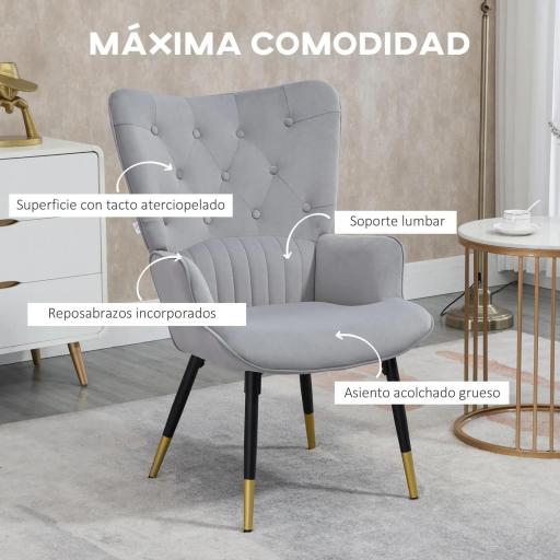 Butaca de Salón Sillón Individual Tapizado en Terciopelo con Respaldo Alto Estilo Moderno 68x72x103 cm Gris Claro [3]