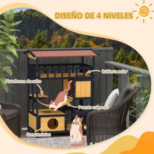 Casa para Gatos de 4 Niveles 84x60x116 cm Refugio para Gatos con Puente Colgante Balcón y Techo Asfáltico Natural [3]