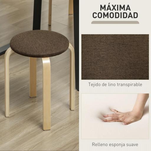 Juego de 4 Taburetes Redondos de Madera Apilables con Asiento Acolchado para Cocina Comedor Dormitorio Marrón [7]