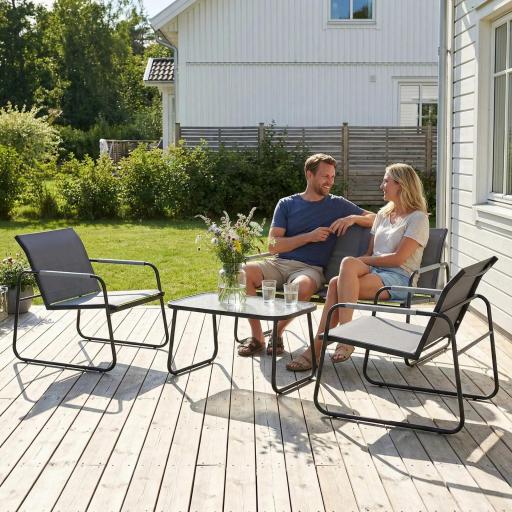 Conjunto de Jardín Exterior con 1 Sofá de 2 Plazas 2 Sillones y Mesa de Vidrio Templado Textilene Transpirable Gris [6]