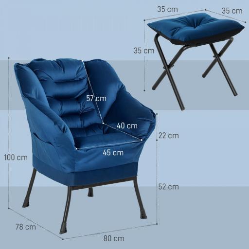 Sillón de Salón con Otomana Sillón de Relax con Bolsillos Laterales y Patas de Acero para Sala de Estar Dormitorio Azul [1]