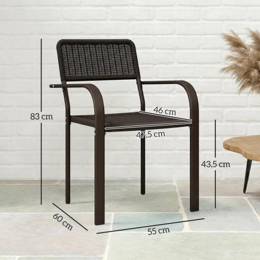 Juego de 4 Sillas de Jardín Exterior Apilables con Reposabrazos Respaldo y Marco de Acero 55x60x83 cm Marrón Oscuro [1]