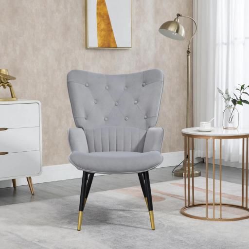 Butaca de Salón Sillón Individual Tapizado en Terciopelo con Respaldo Alto Estilo Moderno 68x72x103 cm Gris Claro [2]
